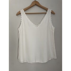 Rebecca Taylor S 100% Silk Charmeuse Scallop‎ Tank In Cloud Ivory Quiet Luxury